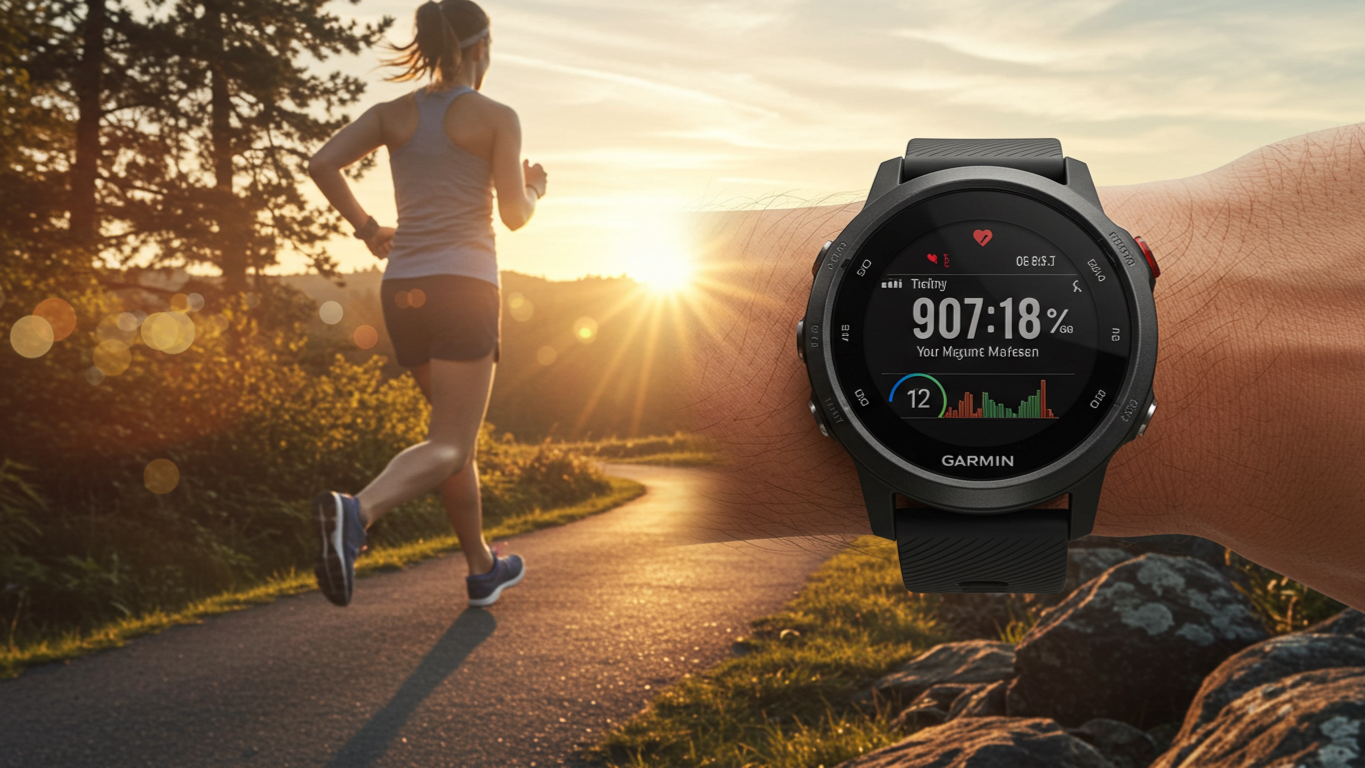 A close-up of an athlete's wrist wearing the Garmin Forerunner 265 smartwatch during an energetic outdoor run on a scenic, sunlit path surrounded by trees and greenery. The vibrant AMOLED display of the watch is clearly visible, showcasing colorful training metrics such as heart rate and pace.