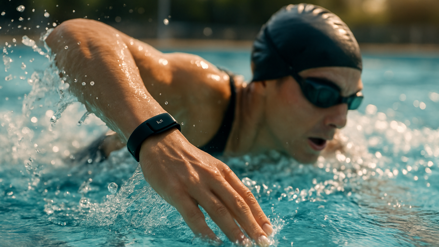 Swimmer Midstroke Wearing Affordable Fitness Trackers for Swimming.