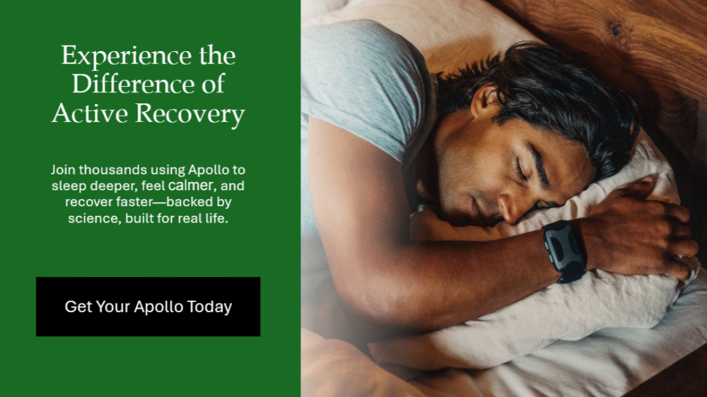 CTA Get Your Apollo Today. Man in deep sleep with Apollo Wearable on Wrist.