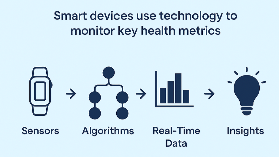 Infographic showing how wellness tech wearables work using sensors, algorithms, real-time data, and insights to improve sleep, stress, and recovery.