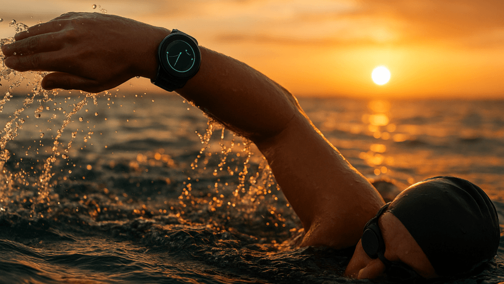 Swimmer wearing a GPS watch in the ocean at sunrise, showcasing fitness trackers for open water swimming during real open-water training.