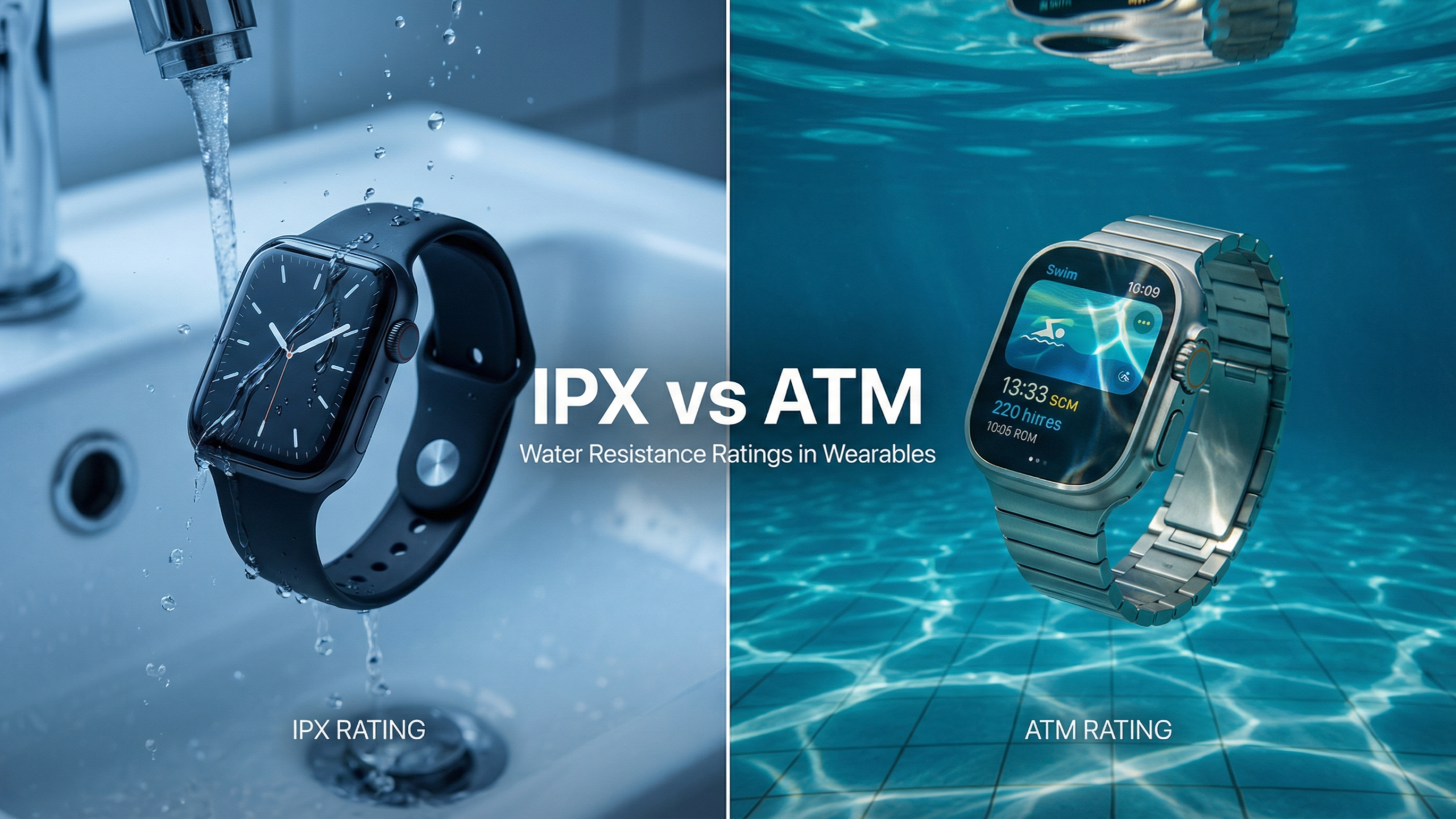 IPX vs ATM water resistance ratings in wearables shown with smartwatches splashed vs submerged for swimming.