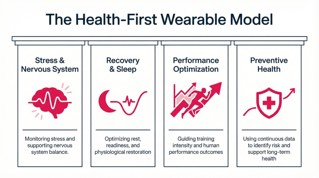 Pillars diagram illustrating the health-first wearable model, highlighting stress and nervous system support, recovery and sleep optimization, performance tracking, and preventive health monitoring.