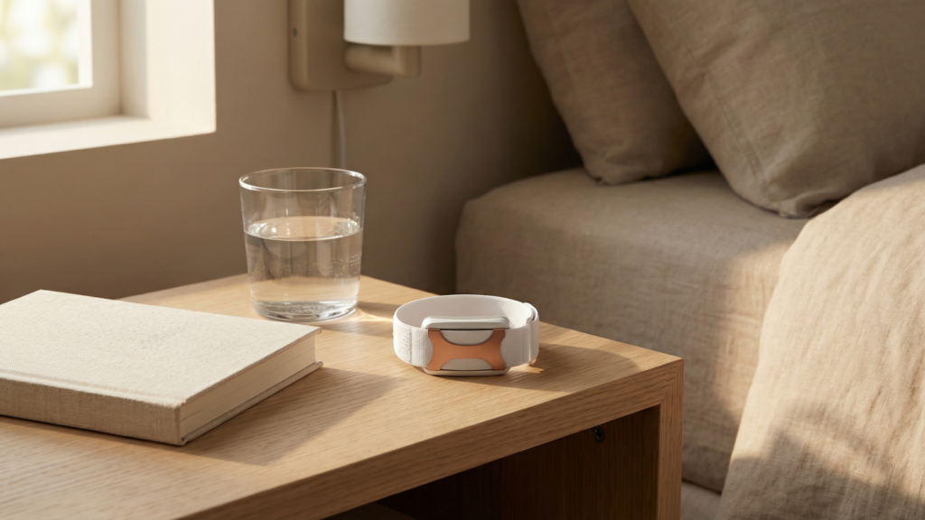 Apollo Wearable on Bedside drawer in bedroom with natural lighting