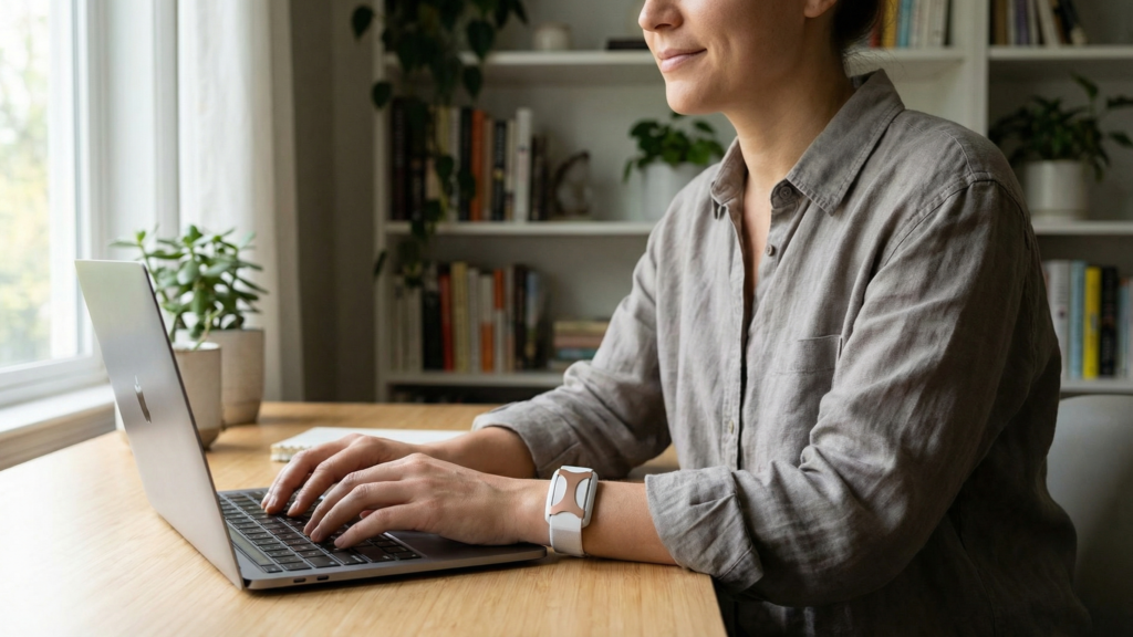 Woman working in home office wearing Apollo Wearable on Wrist