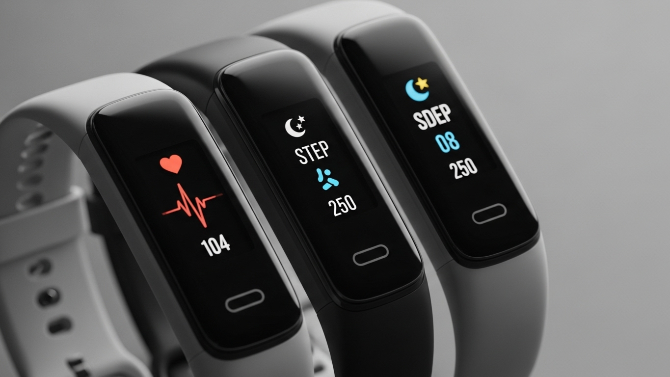Fitness trackers showing slim band design with heart rate and sleep tracking interface