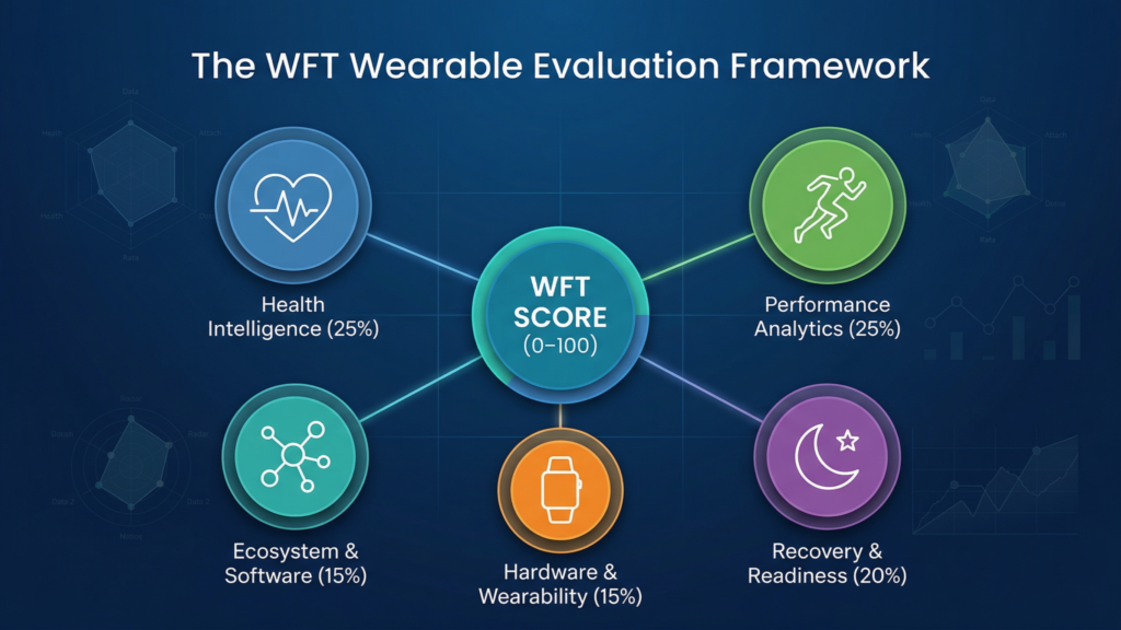 WFT Wearable Evaluation Framework scoring system for fitness trackers showing health intelligence, performance analytics, recovery metrics and device hardware and software ecosystem.
