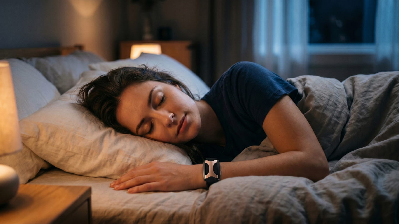 Woman relaxing in bed at night using Apollo Wearable to improve sleep and calm the nervous system.