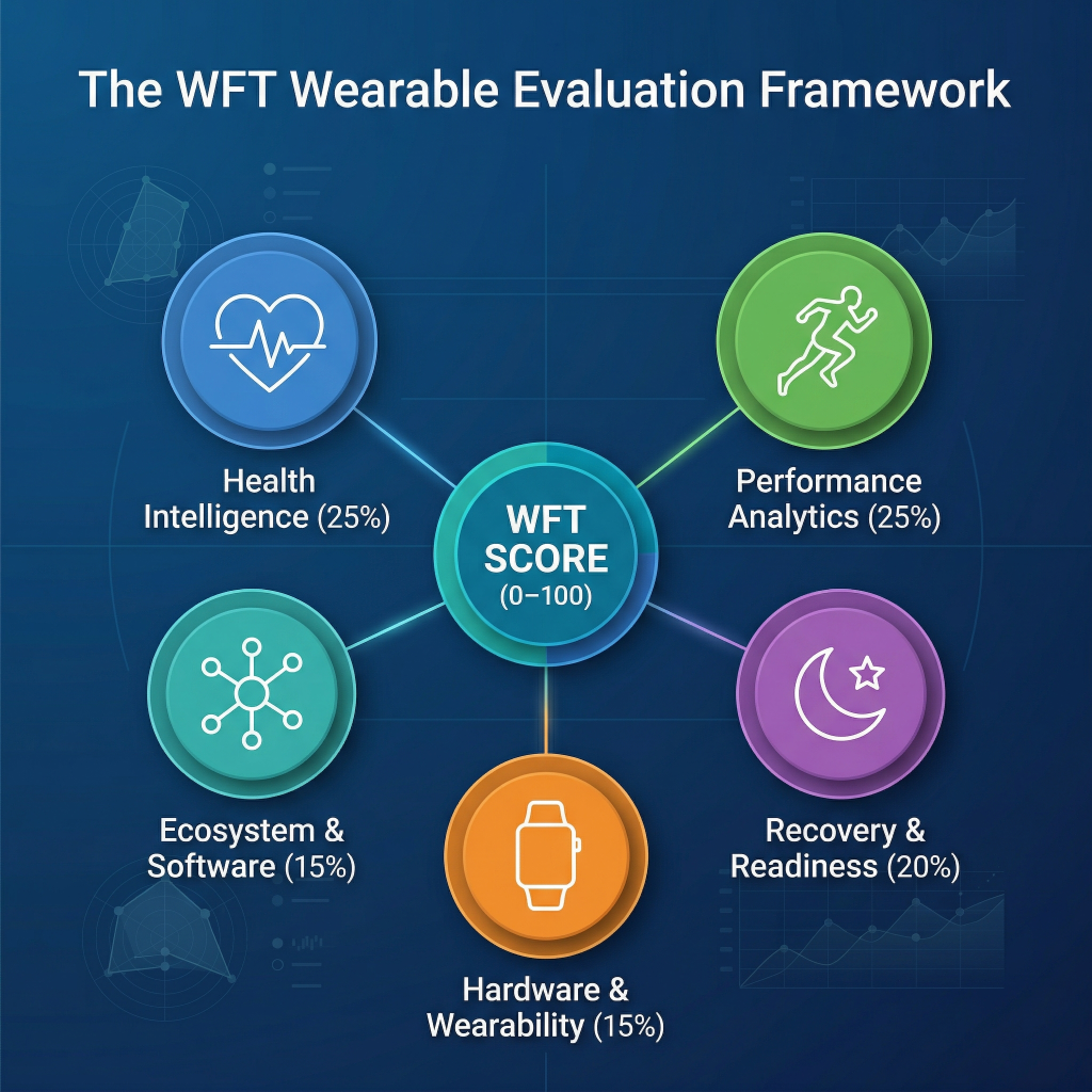 The WFT Wearable Evaluation Framework. A structured scoring system used to evaluate wearable devices across five key pillars in Wearable Fitness Technology.
