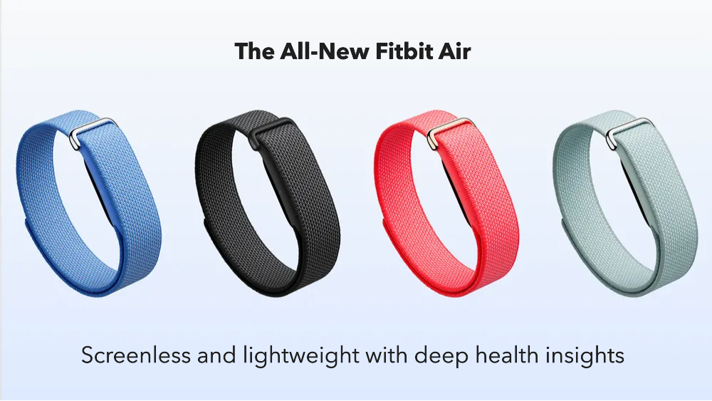 The All-New Fitbit Air wristbands shown in 4 color options blue, black, red, and gray.