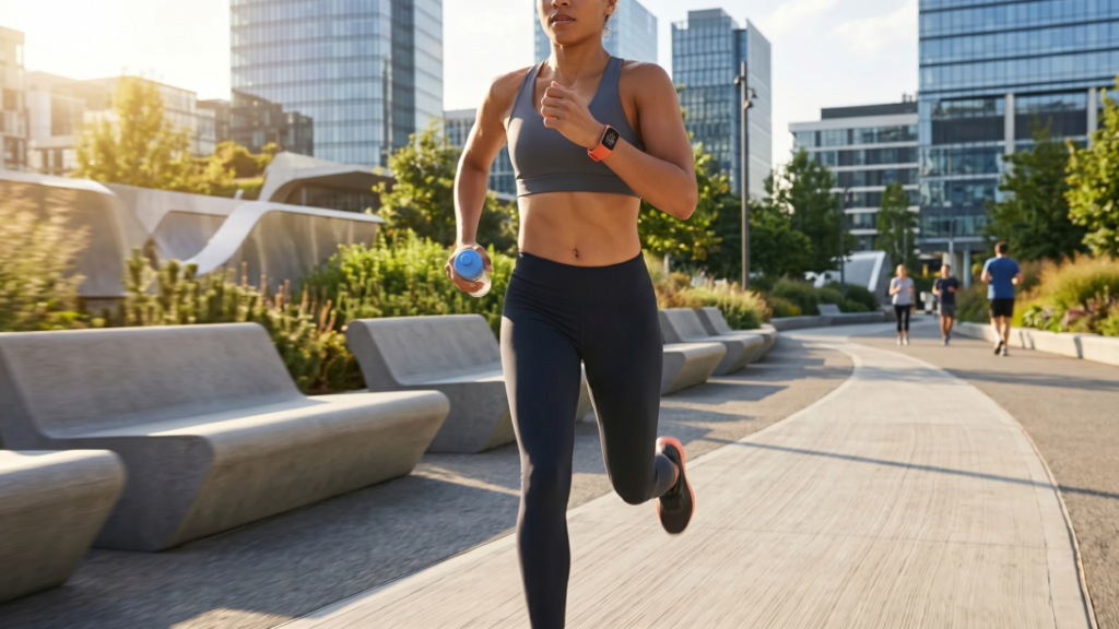 Woman in athletic wear with Fitbit Charge 6 running on a city park path, holding a small blue dumbbell in her right hand.
