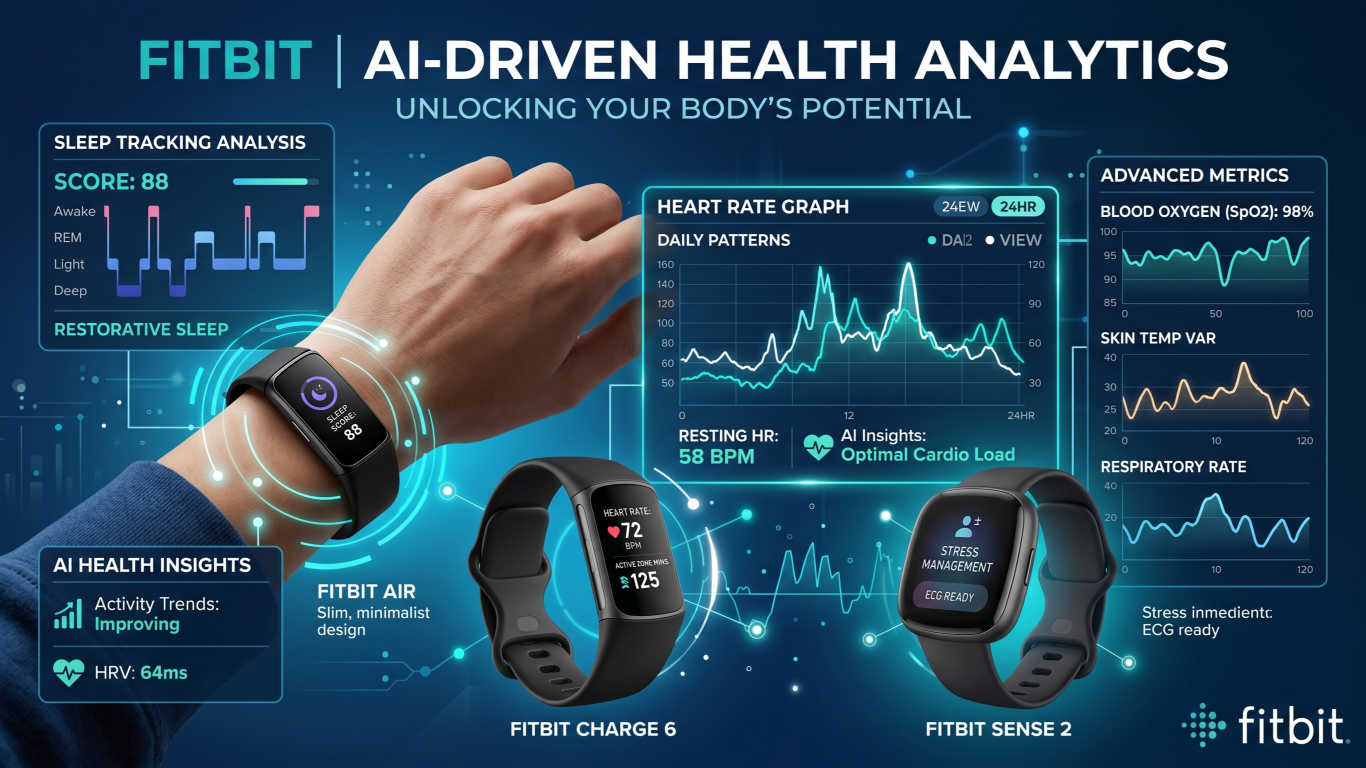 A modern editorial-style hero graphic showing multiple Fitbit fitness trackers with AI-driven health analytics overlays, sleep tracking visuals, heart rate graphs, and minimalist wearable aesthetics.