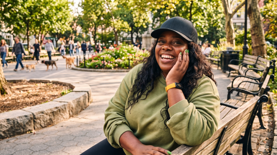 Young woman wearing Fitbit Inspire 3 sitting on a bench outdoors at an urban park