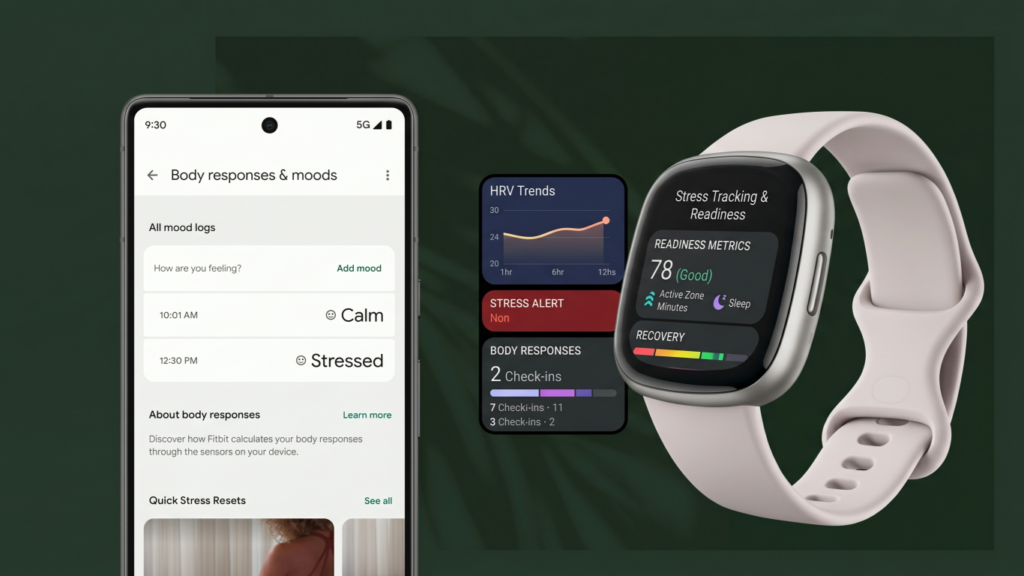 Fitbit Sense 2 stress tracking dashboard showing body responses and moods.