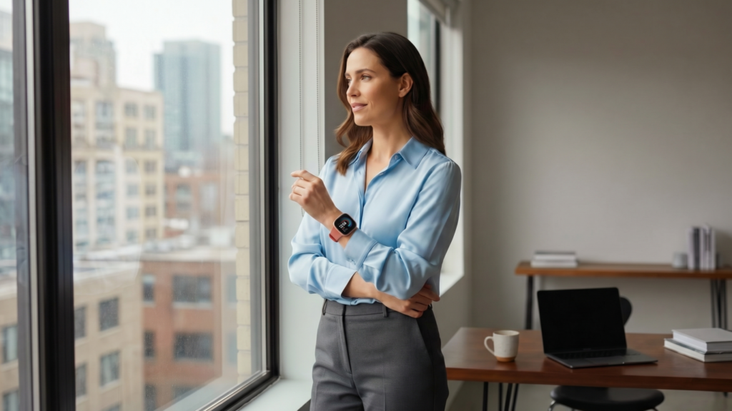 Professional woman in a light blue blouse stands by a large office window, arms crossed, looking outside with a smartwatch on her left wrist.