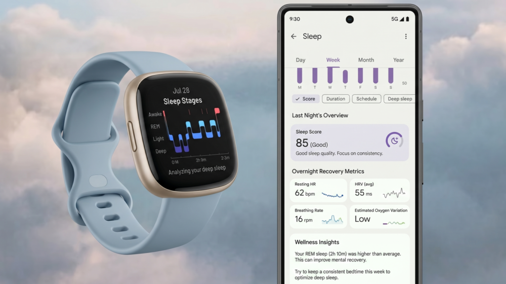 Fitbit Sense 2 sleep analytics interface showing sleep stages, Sleep Score, overnight recovery metrics, and wellness insights.