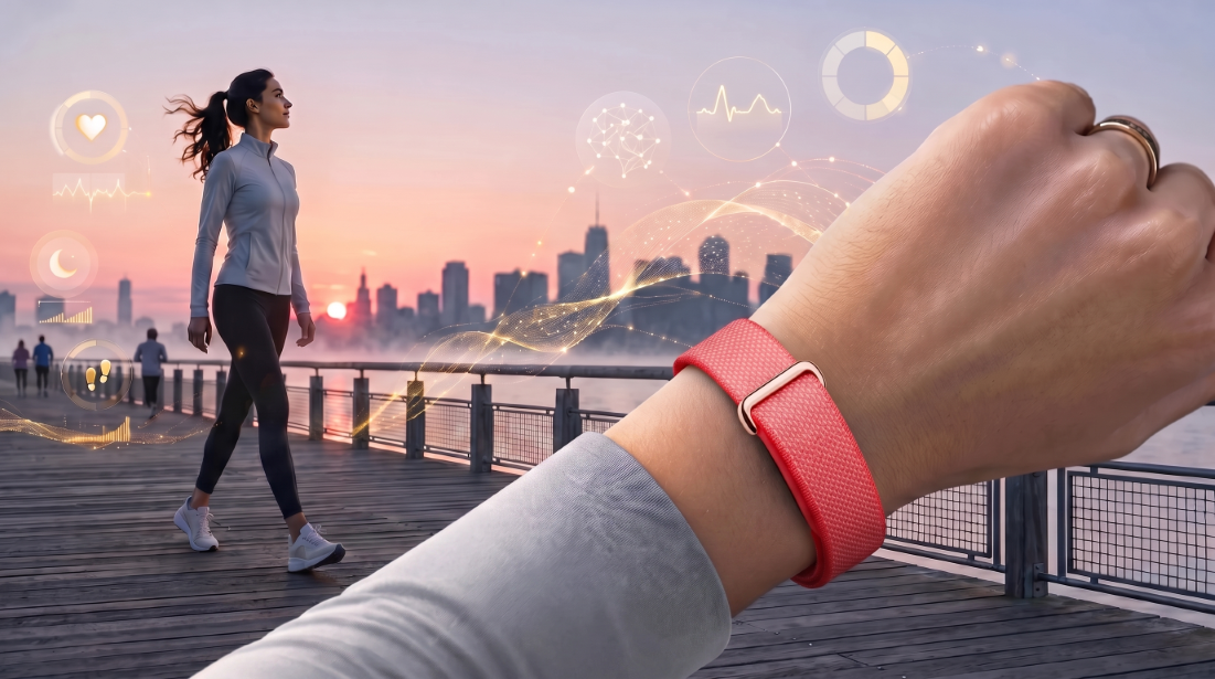 Lady in active wear with a Fitbit Air on the wrist as she walks at dawn by the waterfront