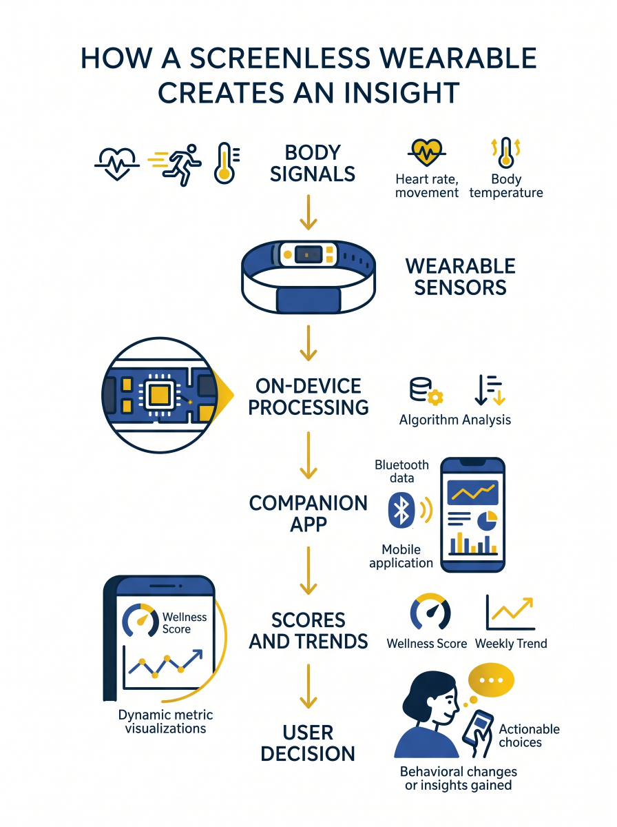 Infographic showing how screenless wearables work from collecting body signals to creating actionable insights.
