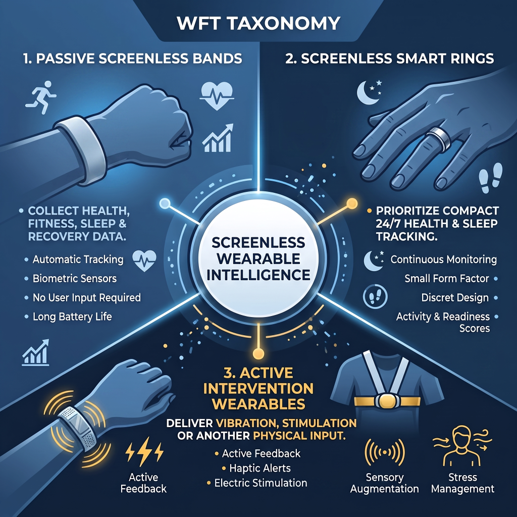 screenless wearables taxonomy showing 3 distinct categories 1. passive screenless bands 2. screenless smart rings 3. active intervention wearables
