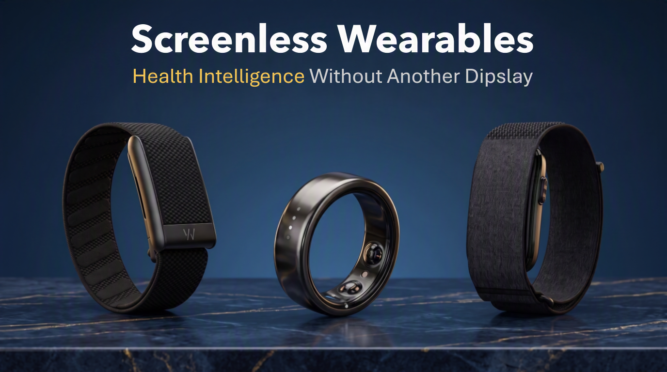 Screenless fitness band, smart ring and active wellness wearable representing the screenless wearables category