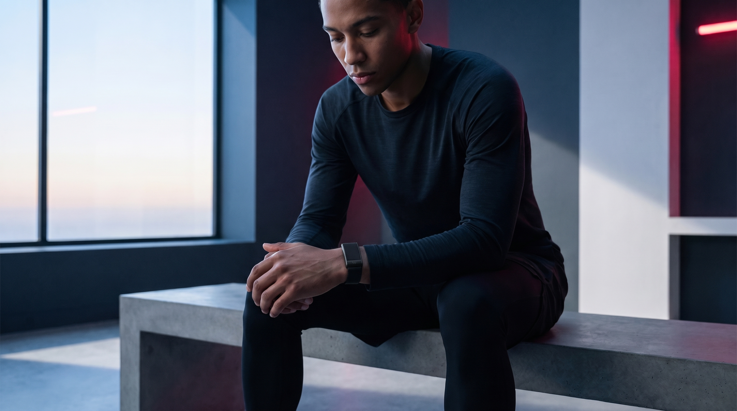 Whoop 5.0 Man recovering in a modern minimalist gym